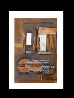 Violin Original Expressionist Acrylic Painting, Framed, 2010-Present