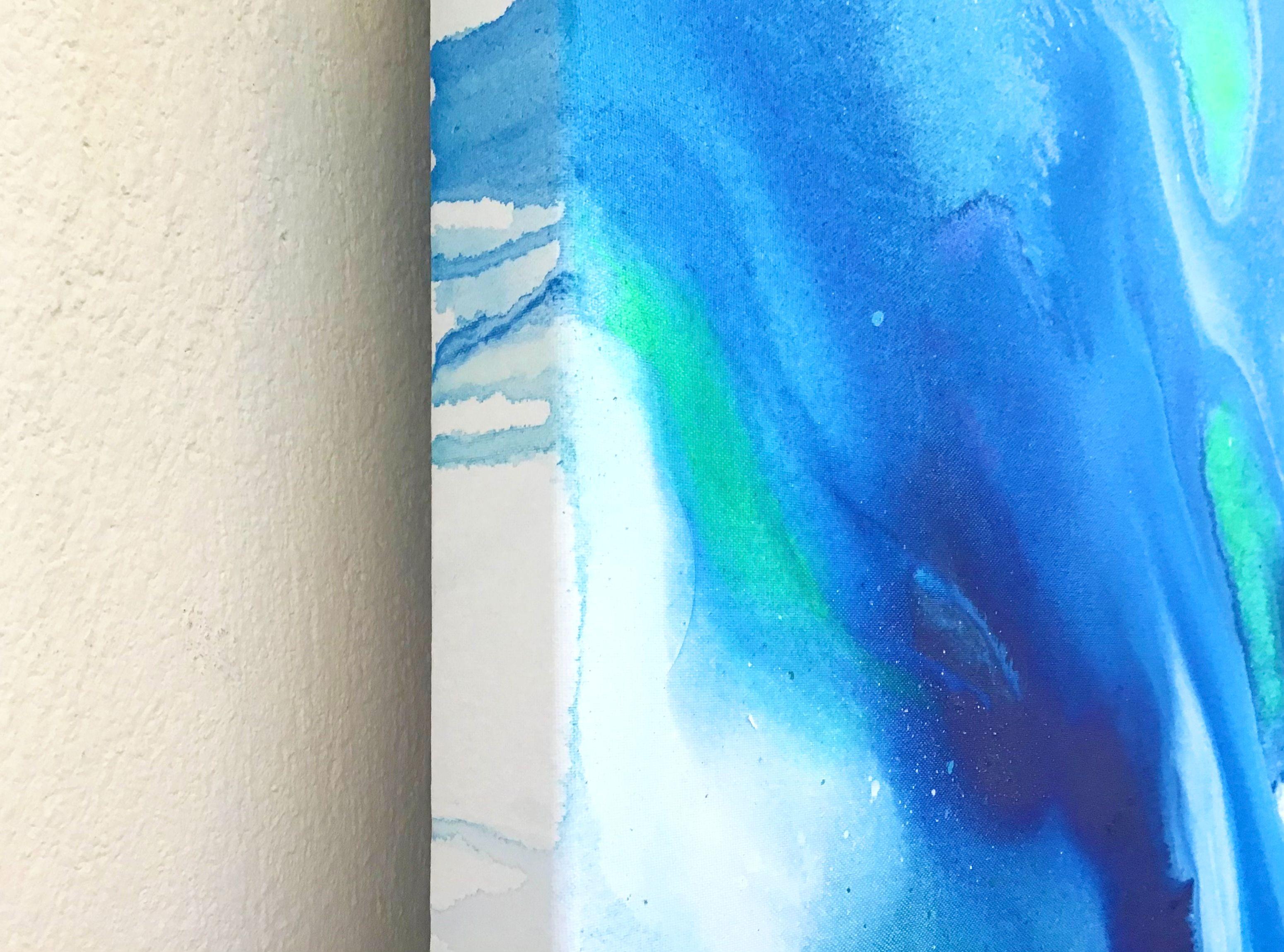 TITLE: THE FLOW OF BLUE (diptych)    DESCRIPTION: This artwork was created in a moment of great awareness, peace, and  balance. It is about the wonderful feeling of a harmonious flow.    MATERIALS: It is painted with high quality acrylics, and spray