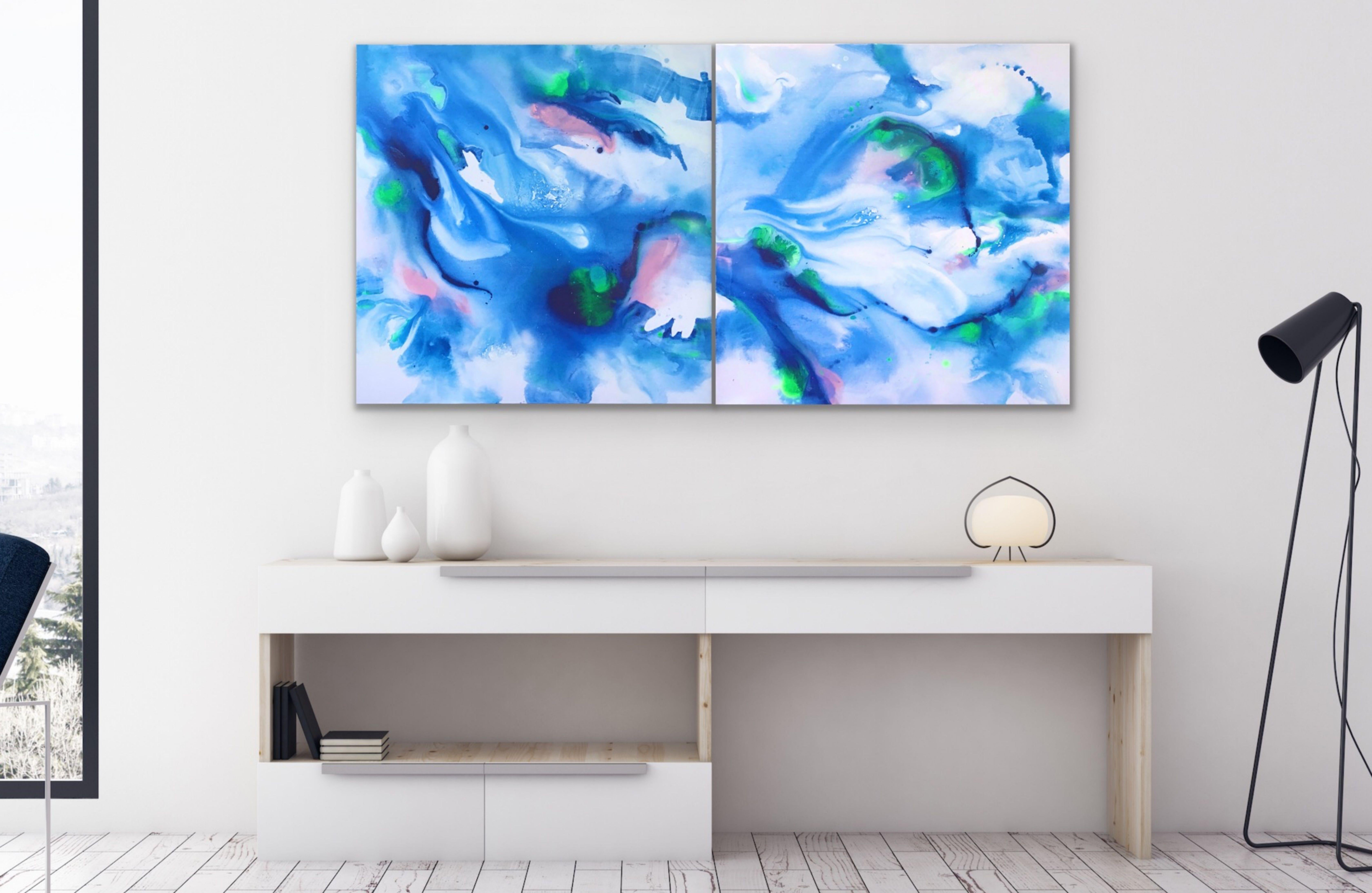 The Flow of Blue (diptych), Mixed Media on Canvas For Sale 1