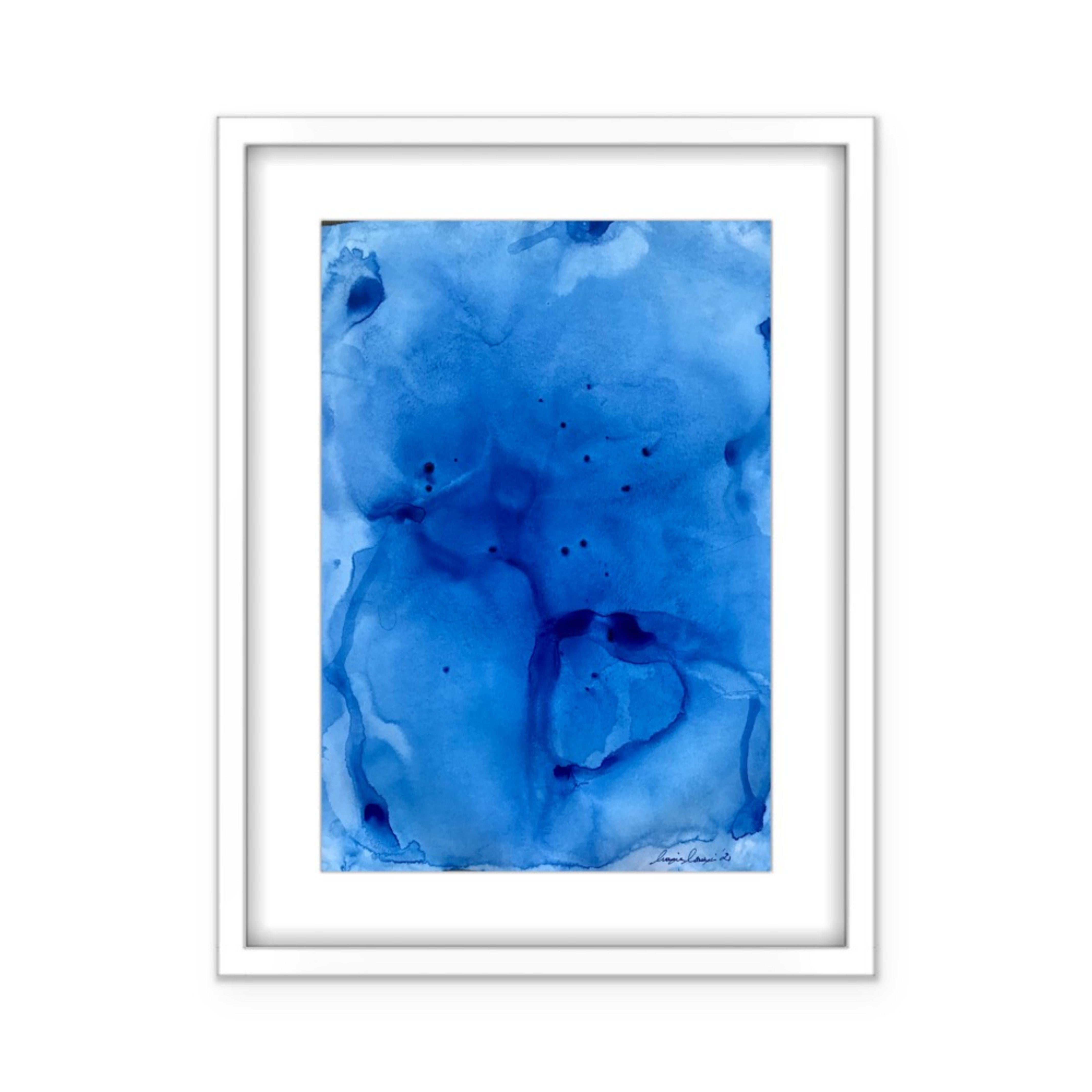 TITLE: DIVE INTO BLUE IV    Created in the summer of 2021 and inspired by the blue color and the diving into water process of creation.    MATERIALS: It is painted with high quality acrylics on Bristol illustration paper. A thin layer of varnish