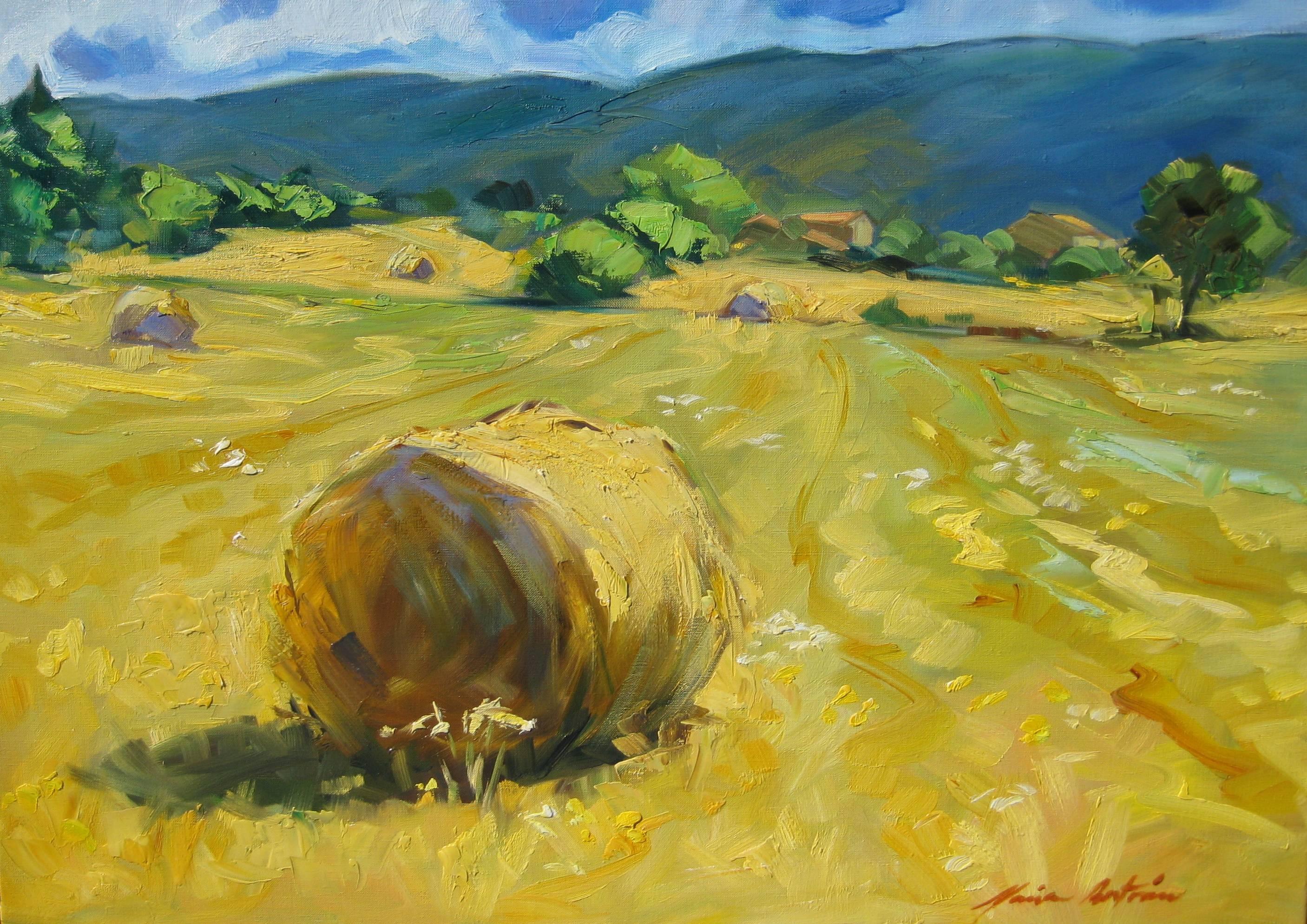 Maria Bertan Landscape Painting - Contemporary Impressionist Oil Painting Of Provencal Hay Rolls by Maria Bertran