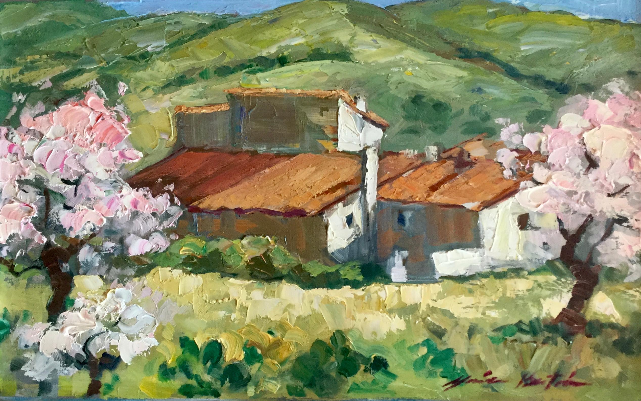 Maria Bertan Landscape Painting - "El Pilar Almond Trees" Contemporary Impressionist Oil Painting of Spain