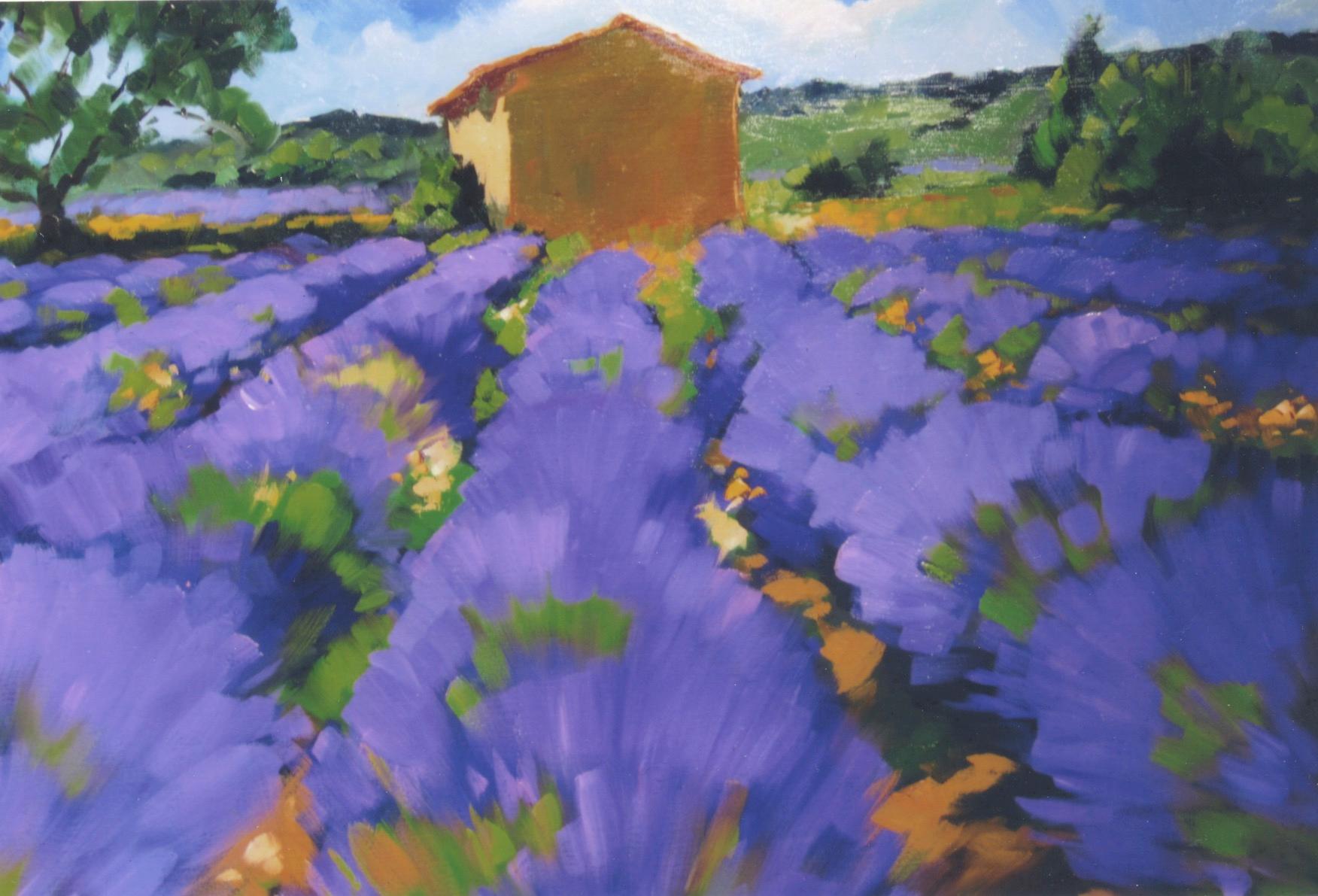 Maria Bertan Landscape Painting - "Lavender and Cabanon " Contemporary Impressionist Oil Painting of Provence