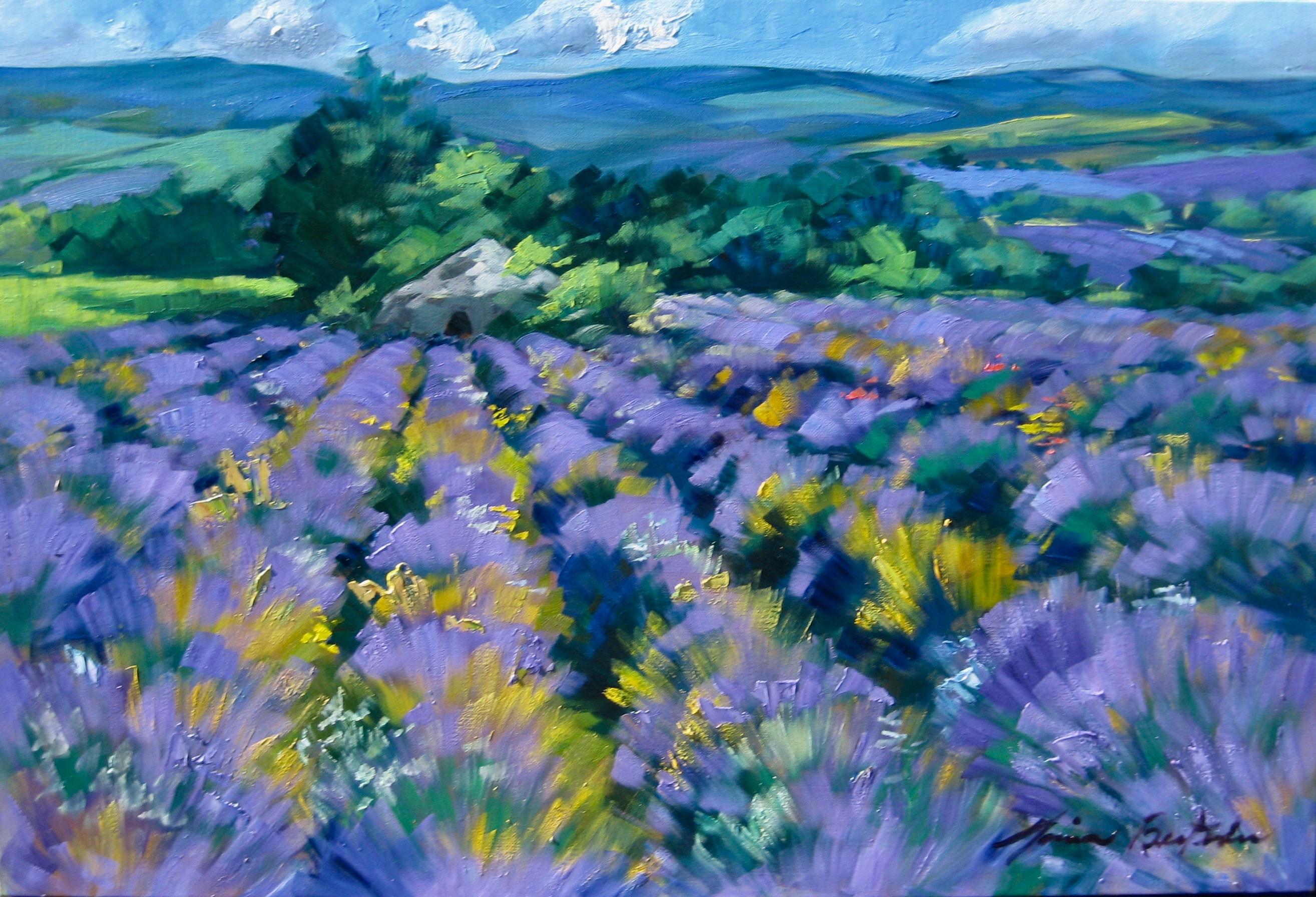 Maria Bertan Landscape Painting - "Lavender W/ Ancient Borie" Contemporary Impressionist Oil Painting In Provence