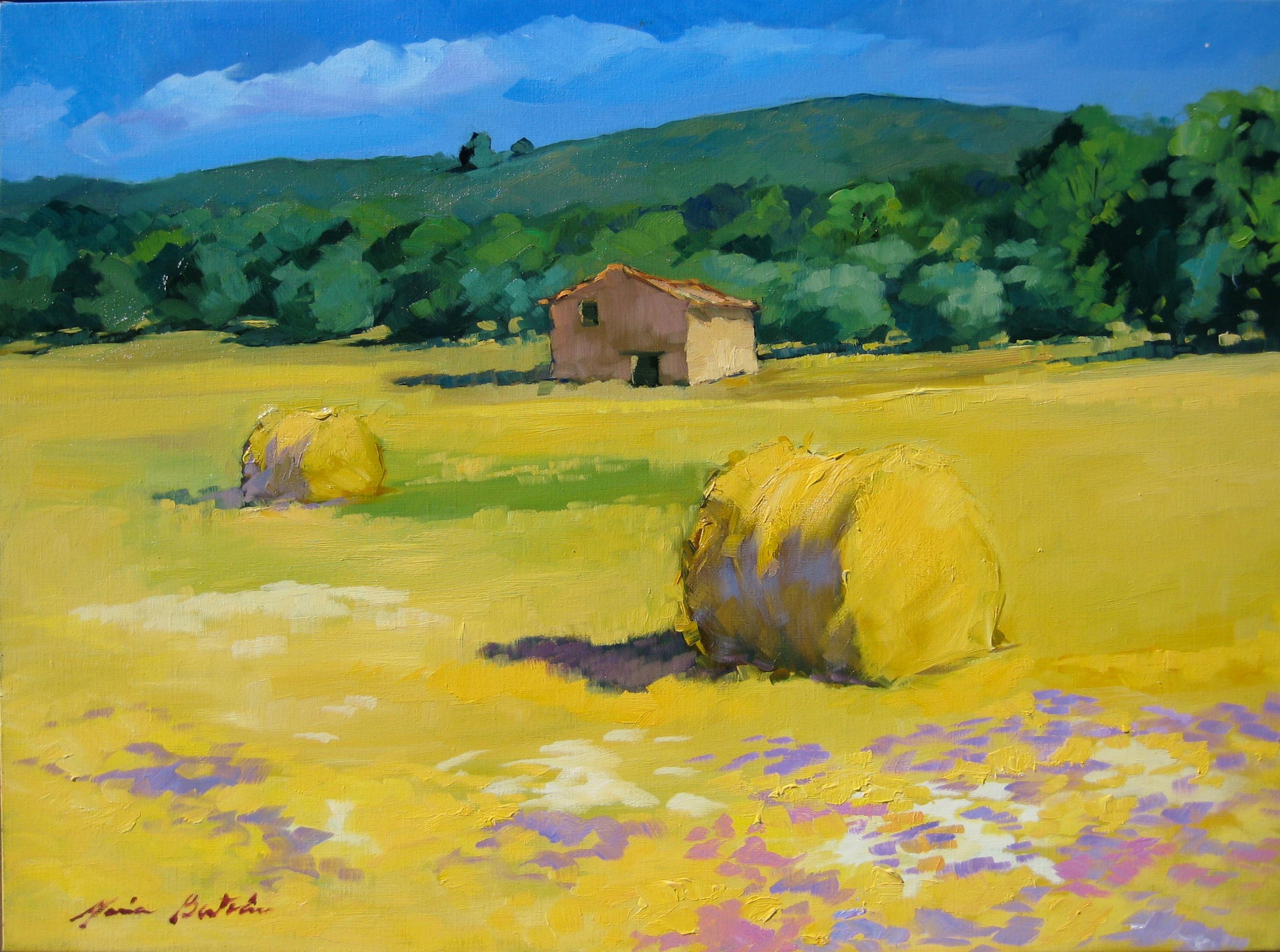Maria Bertan Landscape Painting - "Les Vieux Hay Rolls" Contemporary Impressionist Oil Painting by Maria Bertran