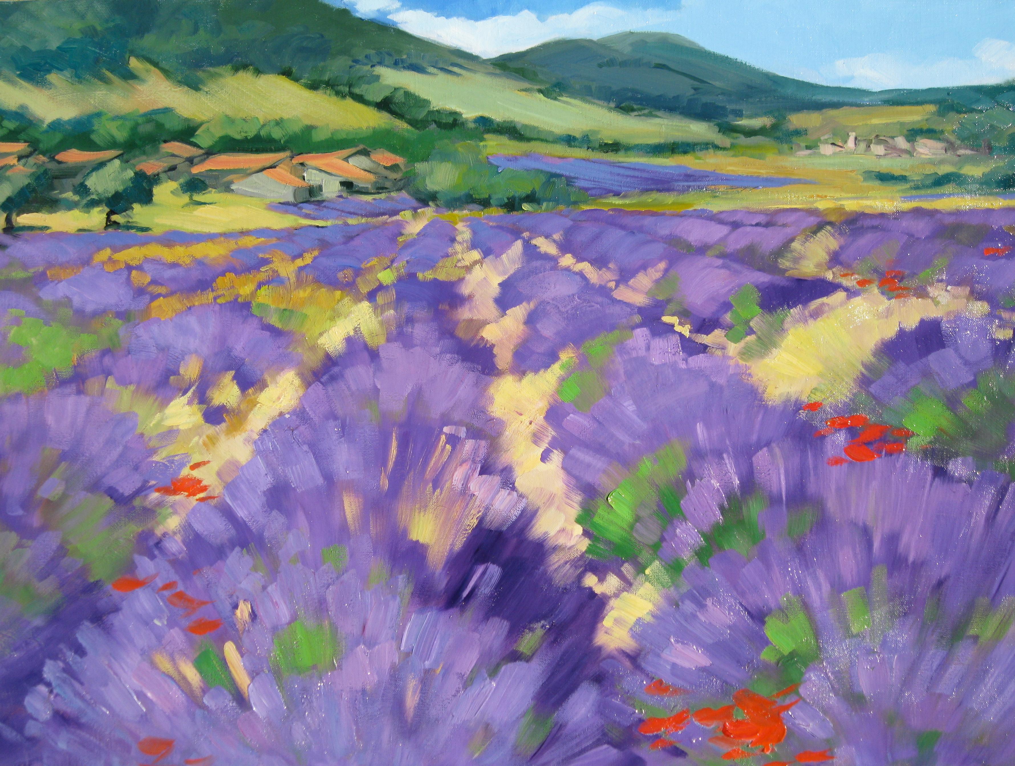 Maria Bertan Landscape Painting - "Rochegiron Lavender Field" Contemporary Impressionist Oil Painting of Provence