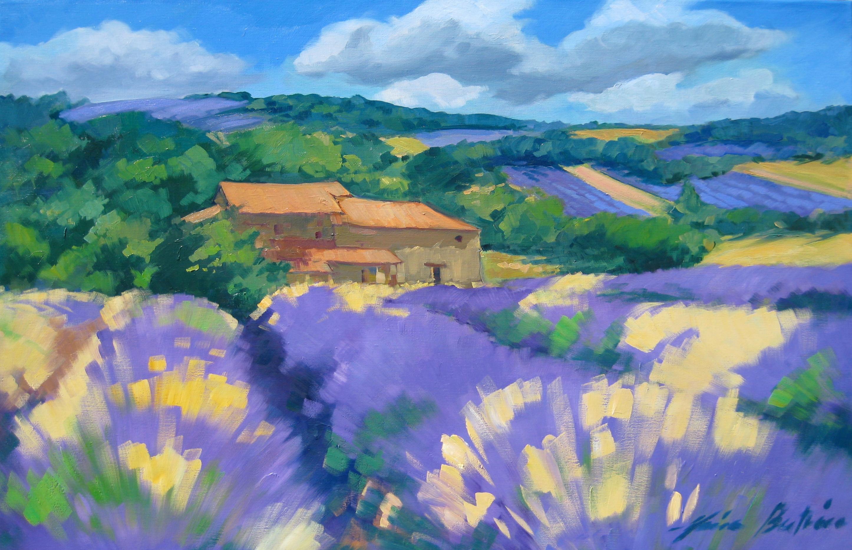 Maria Bertan Landscape Painting - "Sloping Lavender Fields" Contemporary Impressionist Oil Painting, Maria Bertran