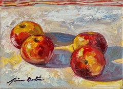 " Manzanas en la mesa II" Bodegón impresionista contemporáneo al óleo
