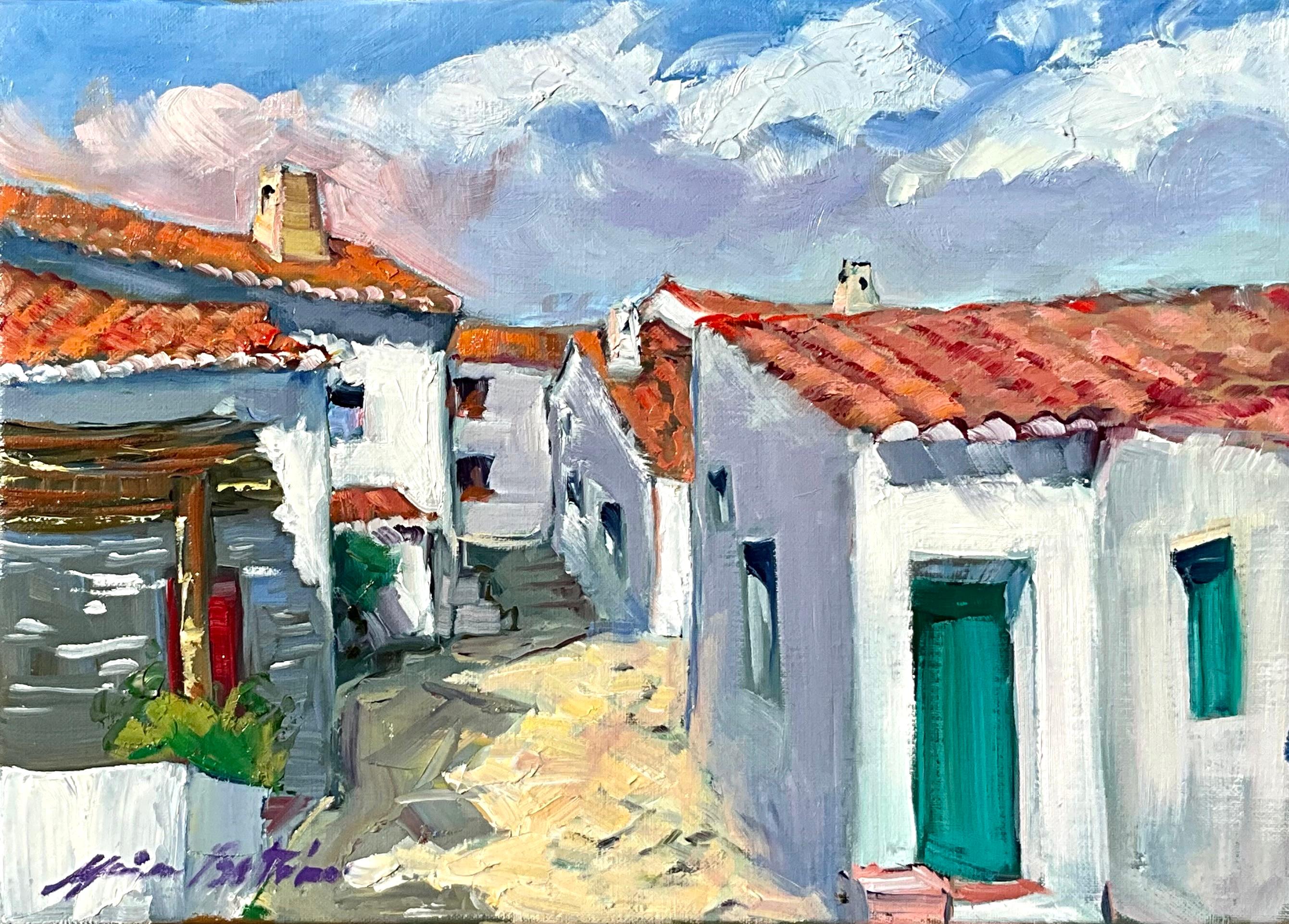 Maria Bertrán Landscape Painting - "Alley In Pedralva, Portugal" Contemporary Impressionist Oil of Portugal