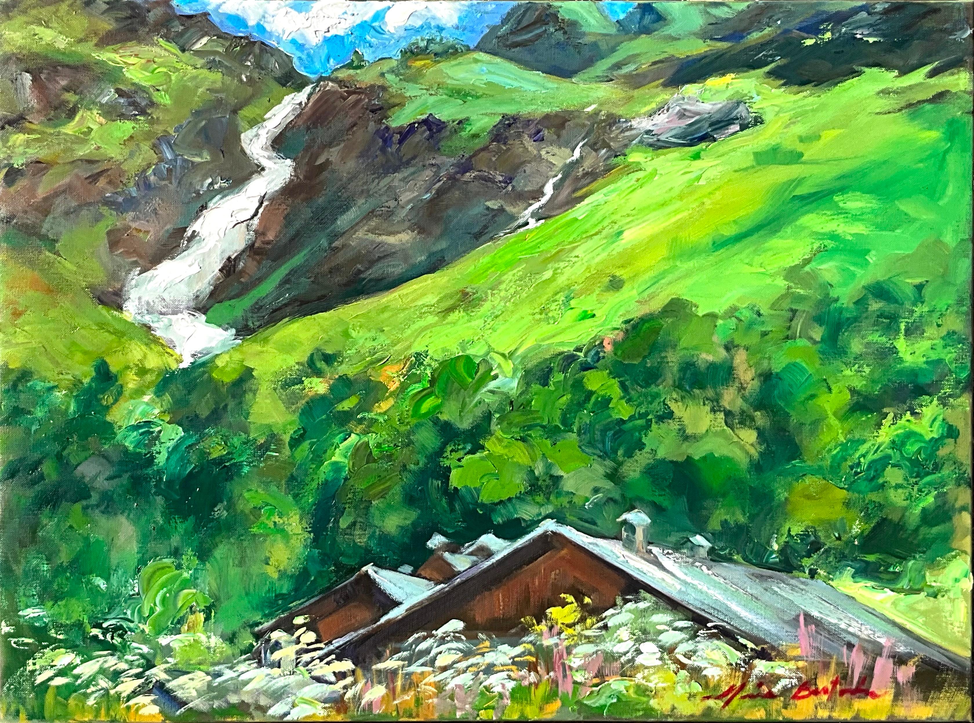 Landscape Painting di Maria Bertrán - "Alpi a cascata"  Pittura a olio impressionista contemporanea delle Alpi francesi