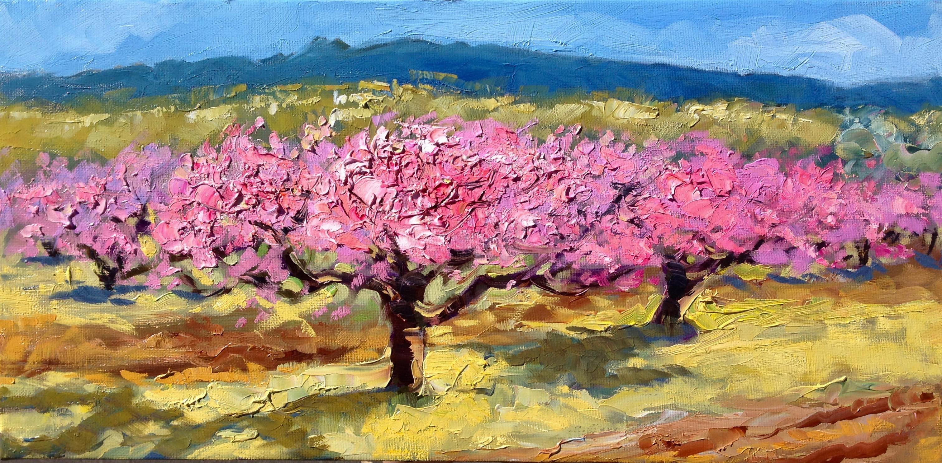 Landscape Painting Maria Bertrán - « Apricot Blossoms In The Field » (Les fleurs d'abondance dans le champ)  Peinture à l'huile impressionniste moderne et impressionniste d'Espagne