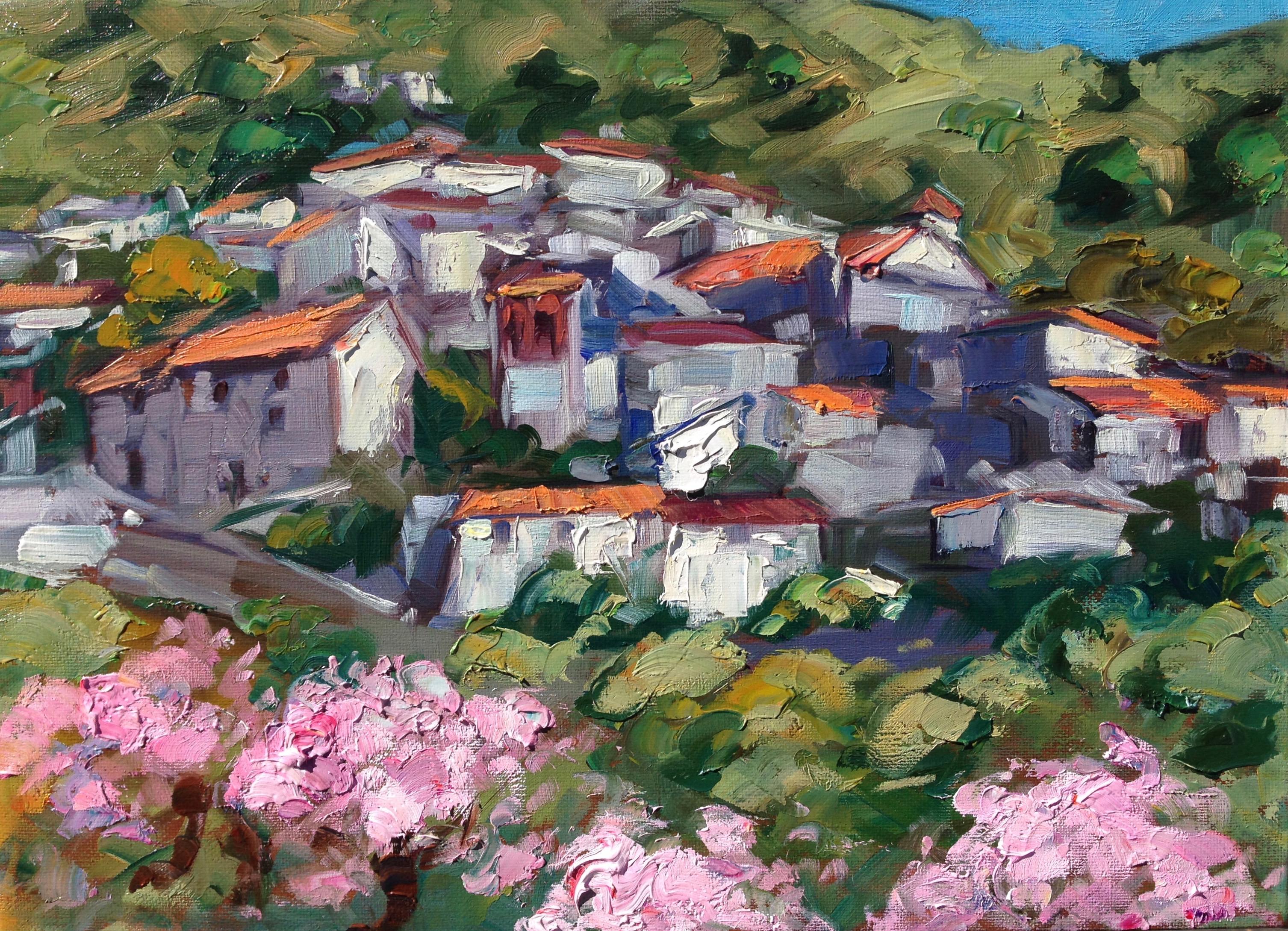 Maria Bertrán Landscape Painting - "Arenas Cherry Blossoms" Contemporary Impressionist Oil Painting of Spain