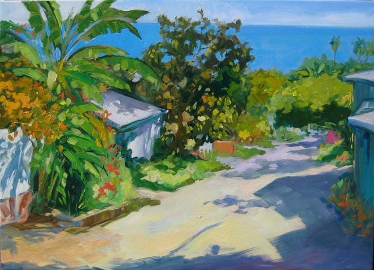    "Banana Alley" is a beautiful oil painted on location in Laguna Beach, on the California Riviera by Maria Bertran. This Contemporary Impressionist street scene captures a timeless scene with tropical colors, purple shadows on the street, and the