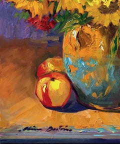 "Jarrón azul y dorado con girasoles" Bodegón impresionista contemporáneo al óleo