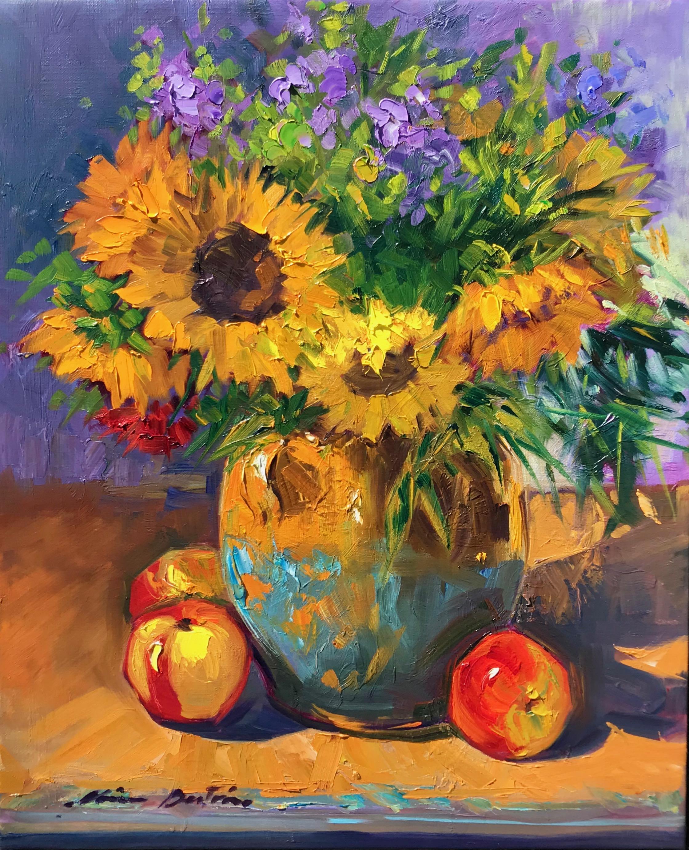 Maria Bertrán Still-Life Painting - "Blue and Gold Vase With Sunflowers" Contemporary Impressionist Still Life Oil