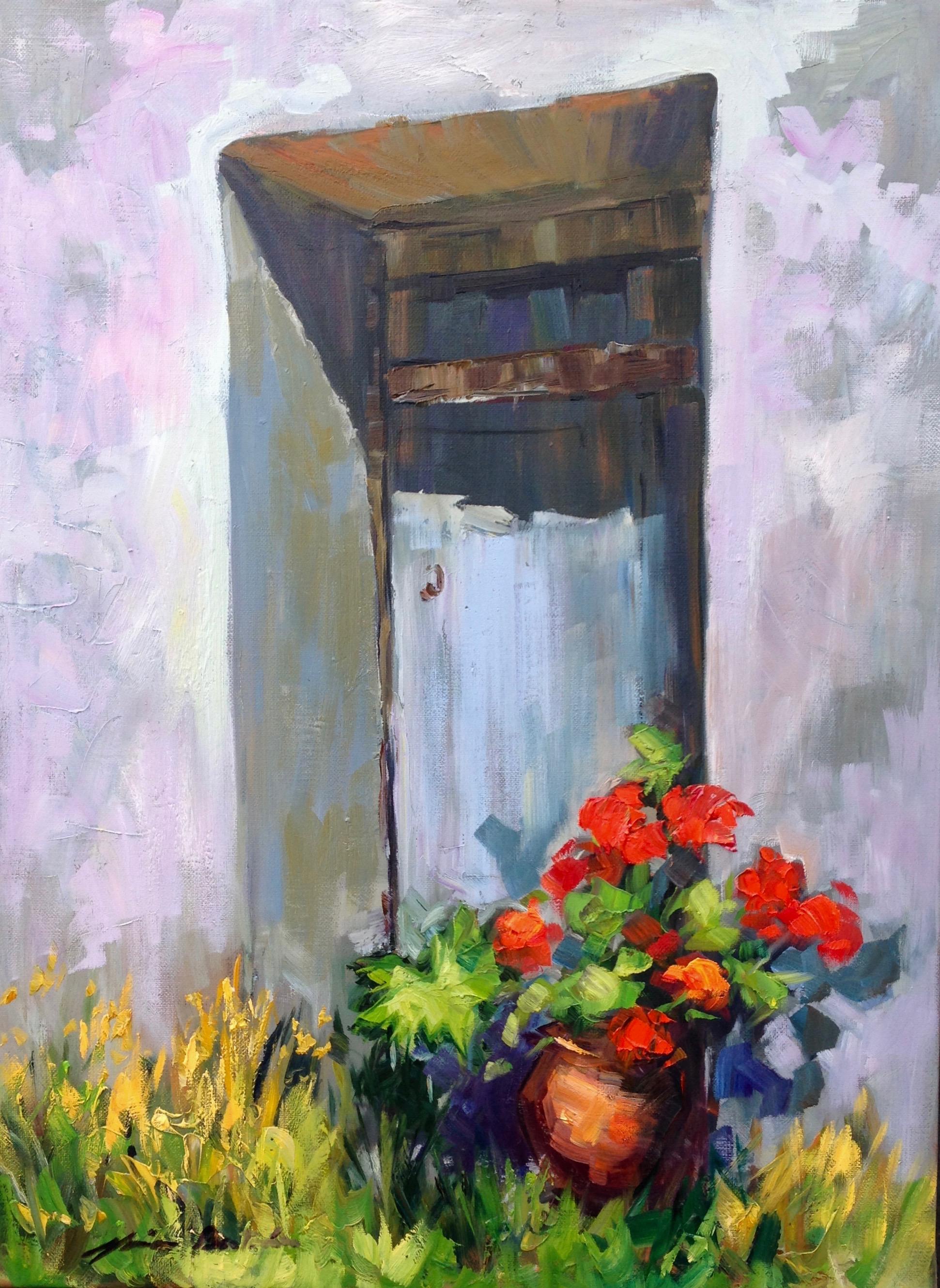 Maria Bertrán Landscape Painting - "Blue Door Shadows"  Contemporary Impressionist Oil Painting of Provence