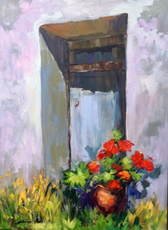 "Blue Door Shadows"  Contemporary Impressionist Oil Painting of Provence