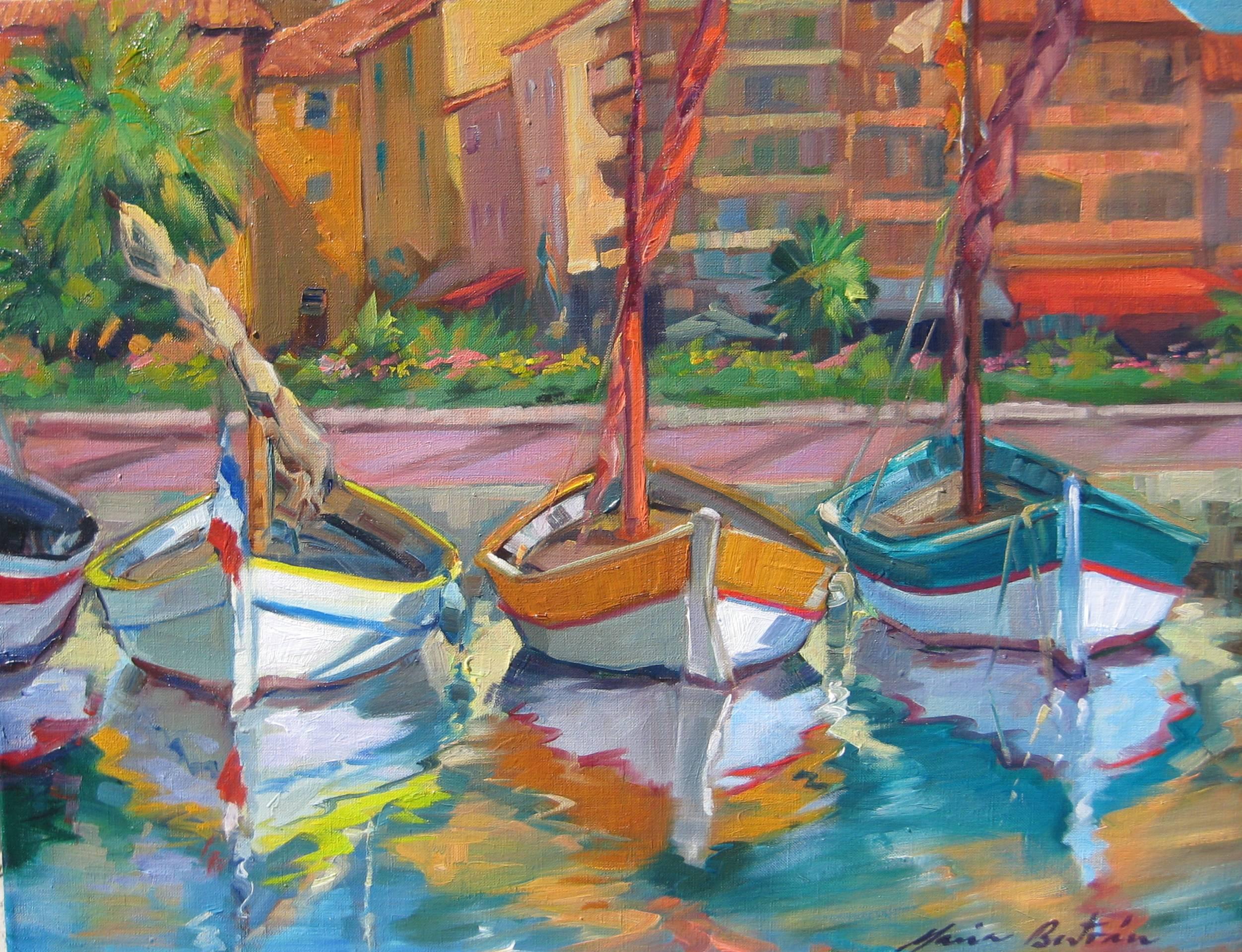 Maria Bertrán Landscape Painting - "Boats In Bandol, " Impressionist Oil Of French Riviera Boats by Maria Bertran