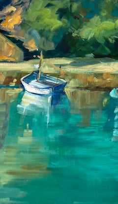 "Barcos En Cala Boira"  Óleo Impresionista Contemporáneo De Mallorca, España