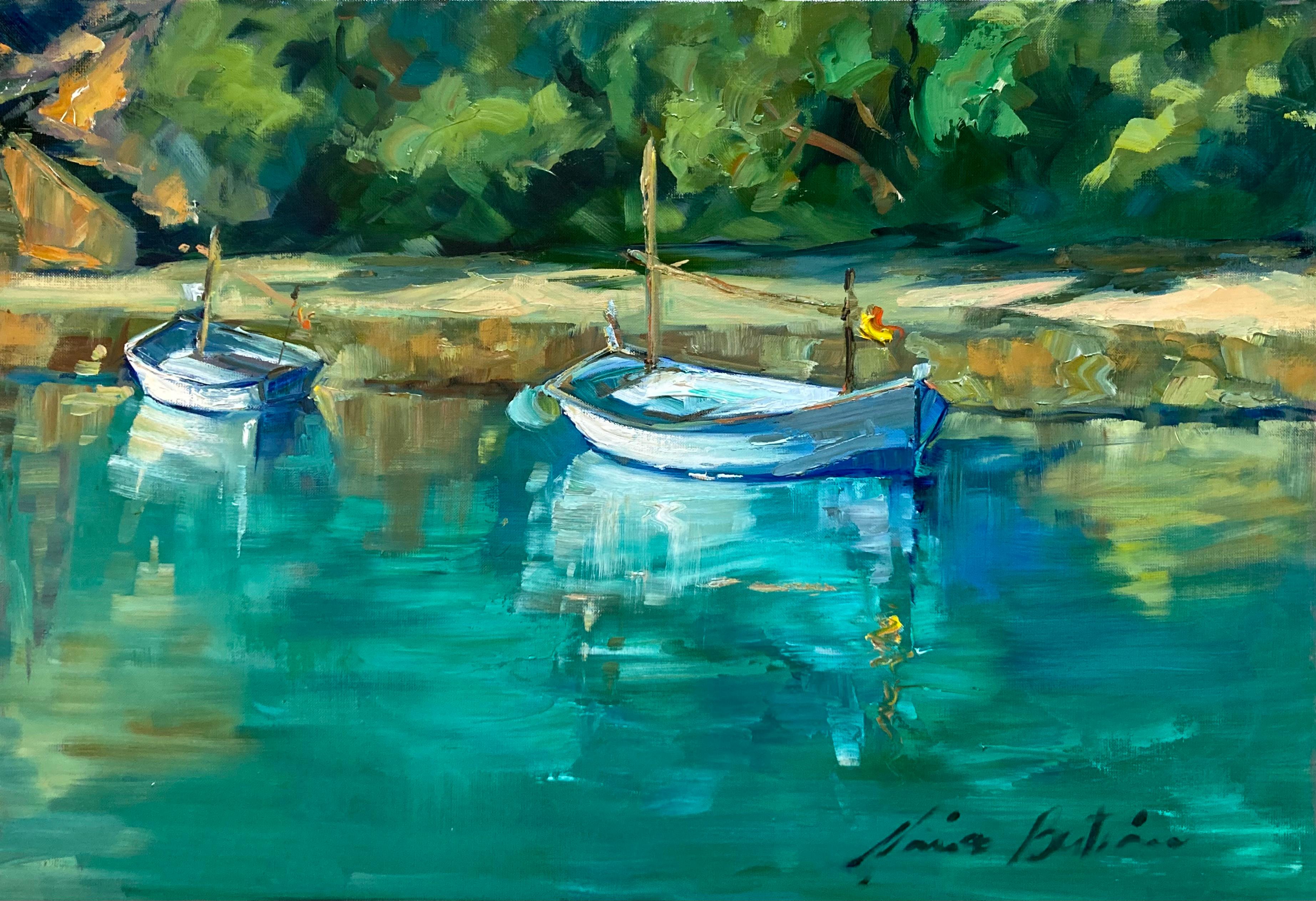 Maria Bertrán Landscape Painting - "Boats In Cala Boira"  Contemporary Impressionist Oil Of Mallorca, Spain
