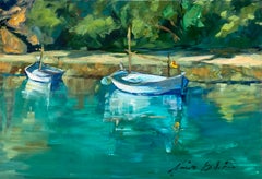 „Boats In Cala Boira“  Contemporary Impressionist Oil of Mallorca, Spanien