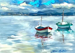 "Boats In The Ocean Lagoon" Contemporary  Impressionist Oil Of French Riviera 