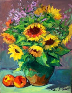 "Bold Sunflower Bouquet" Contemporary Impressionist Still Life Oil