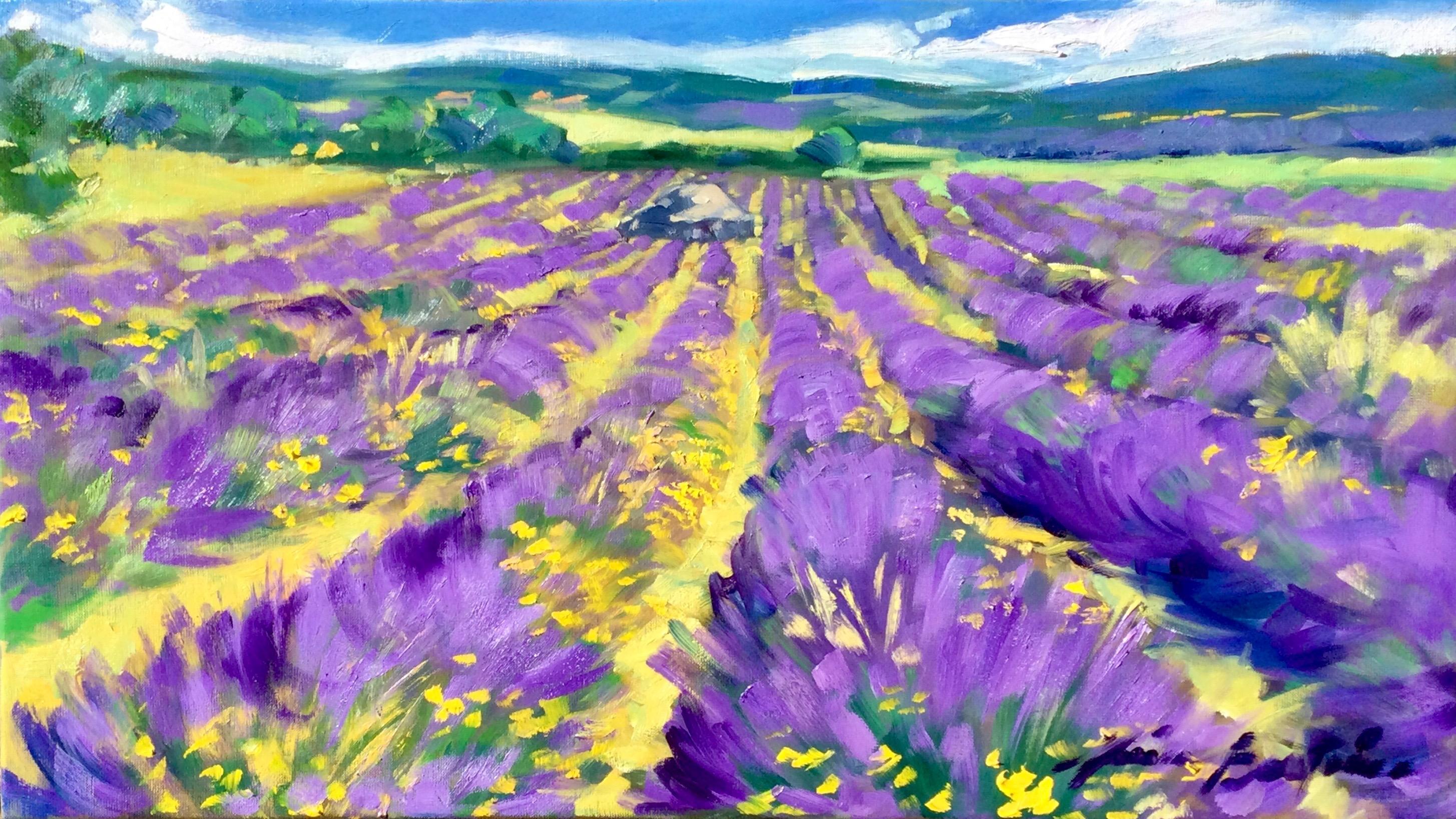 Maria Bertrán Landscape Painting – ""Borie In Reihen von Lavendel "" Zeitgenössisches impressionistisches Ölgemälde der Provence