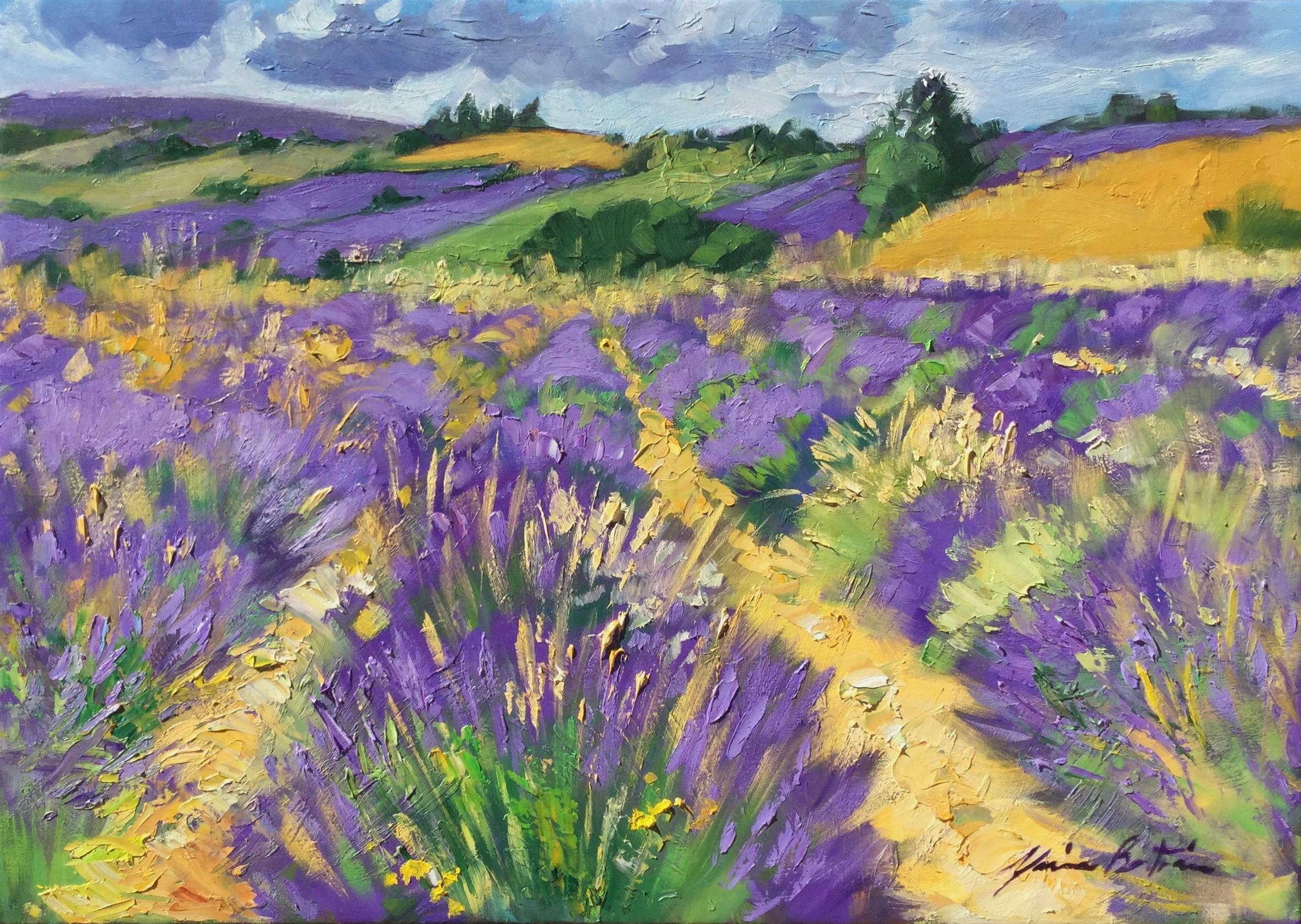 Maria Bertrán Landscape Painting - "Bright Lavender Fields In Ferrasier" Contemporary Impressionist Oil of Provence