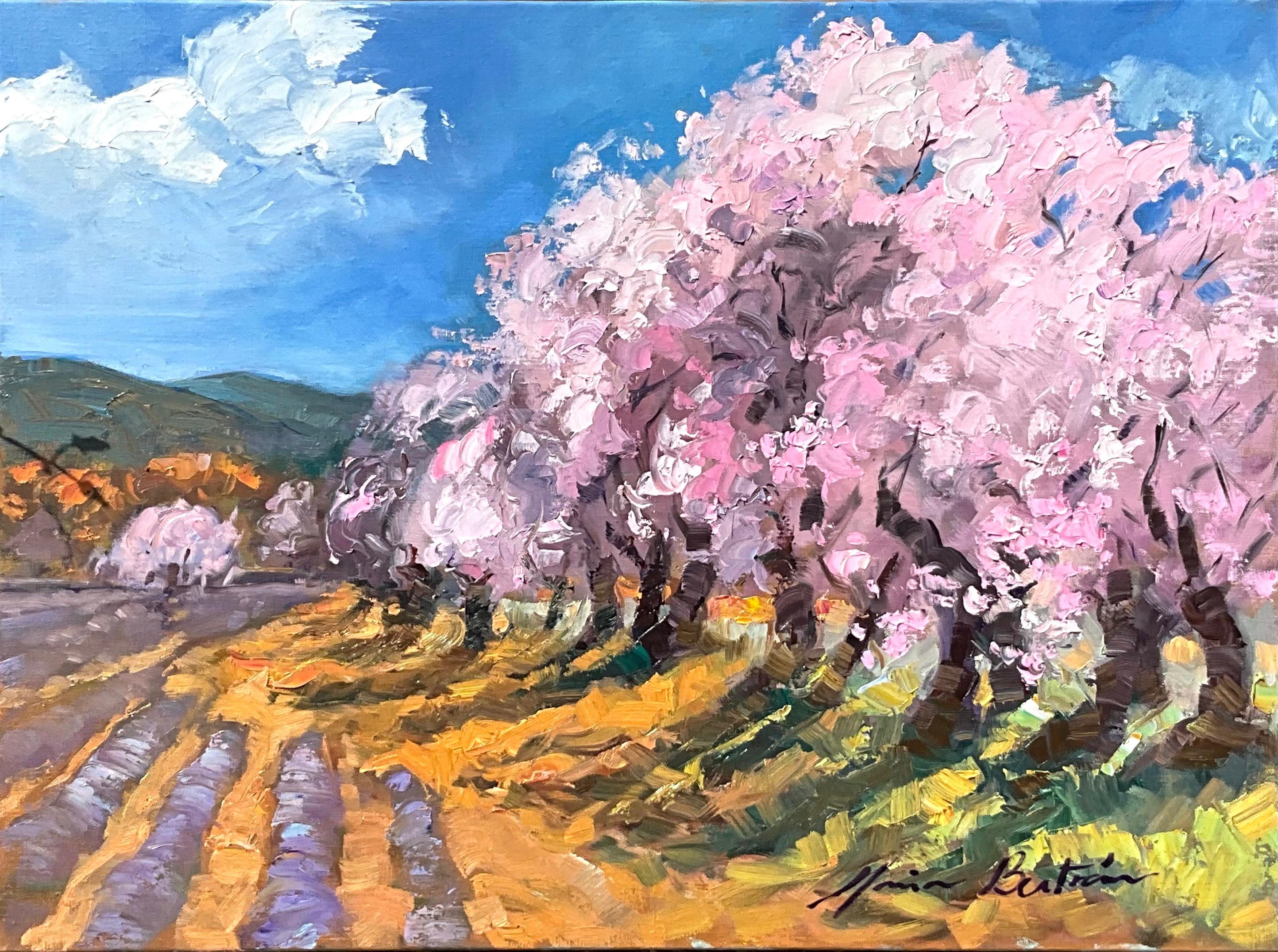 Maria Bertrán Landscape Painting - "Brilliant Almond Trees In Bloom" Contemporary Impressionist Oil of Provence