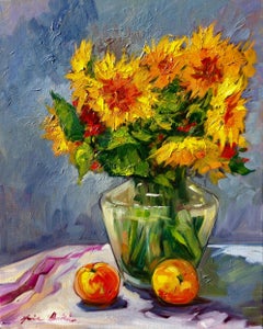 "Brilliant Sunflowers" Contemporary Impressionist Still Life Oil