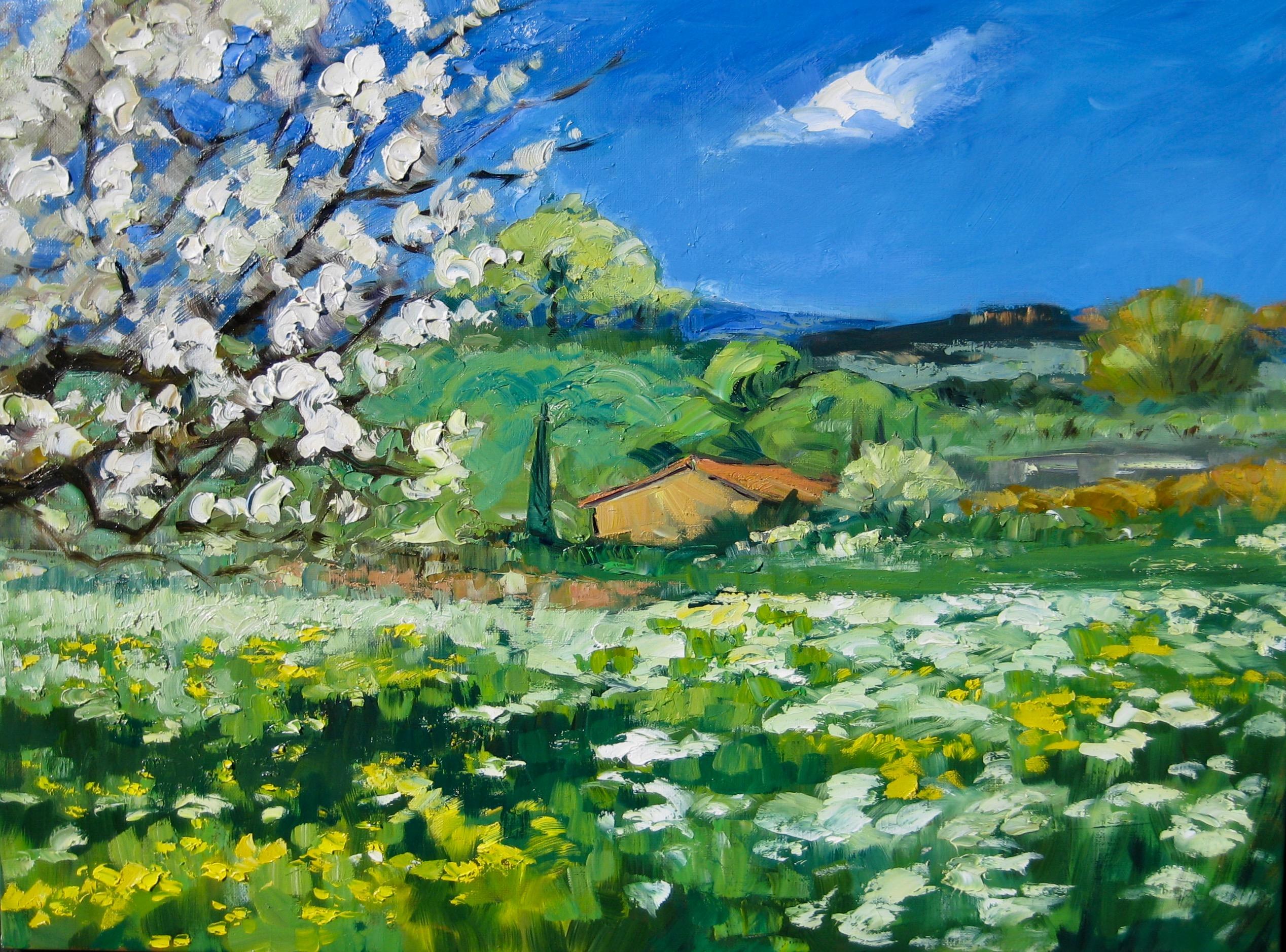 Maria Bertrán Landscape Painting - "Cabanon In Wildflower Field"  Modern Impressionist Oil Painting of Provence