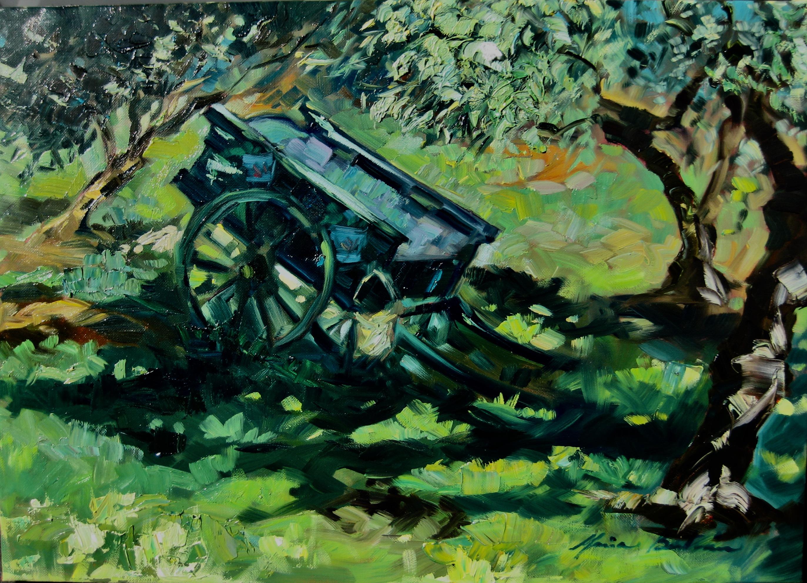Maria Bertrán Landscape Painting - "Carreta Verde" Modern Impressionist Oil Painting of Spain