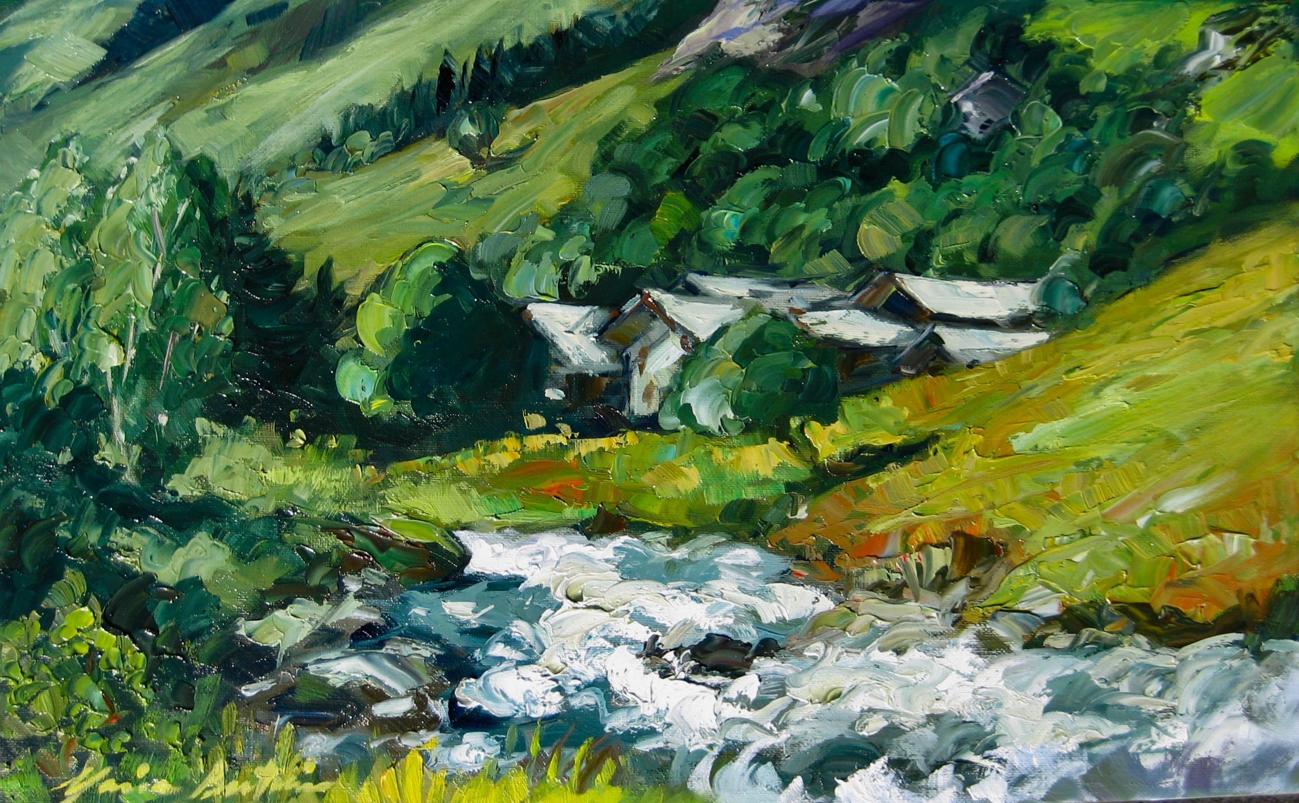 Maria Bertrán Landscape Painting - "Champigny River by Fribourge " Contemporary Impressionist Oil of French Alps 