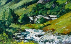 ""Champigny River von Fribourge" Zeitgenössisches impressionistisches Ölgemälde der französischen Alpen 