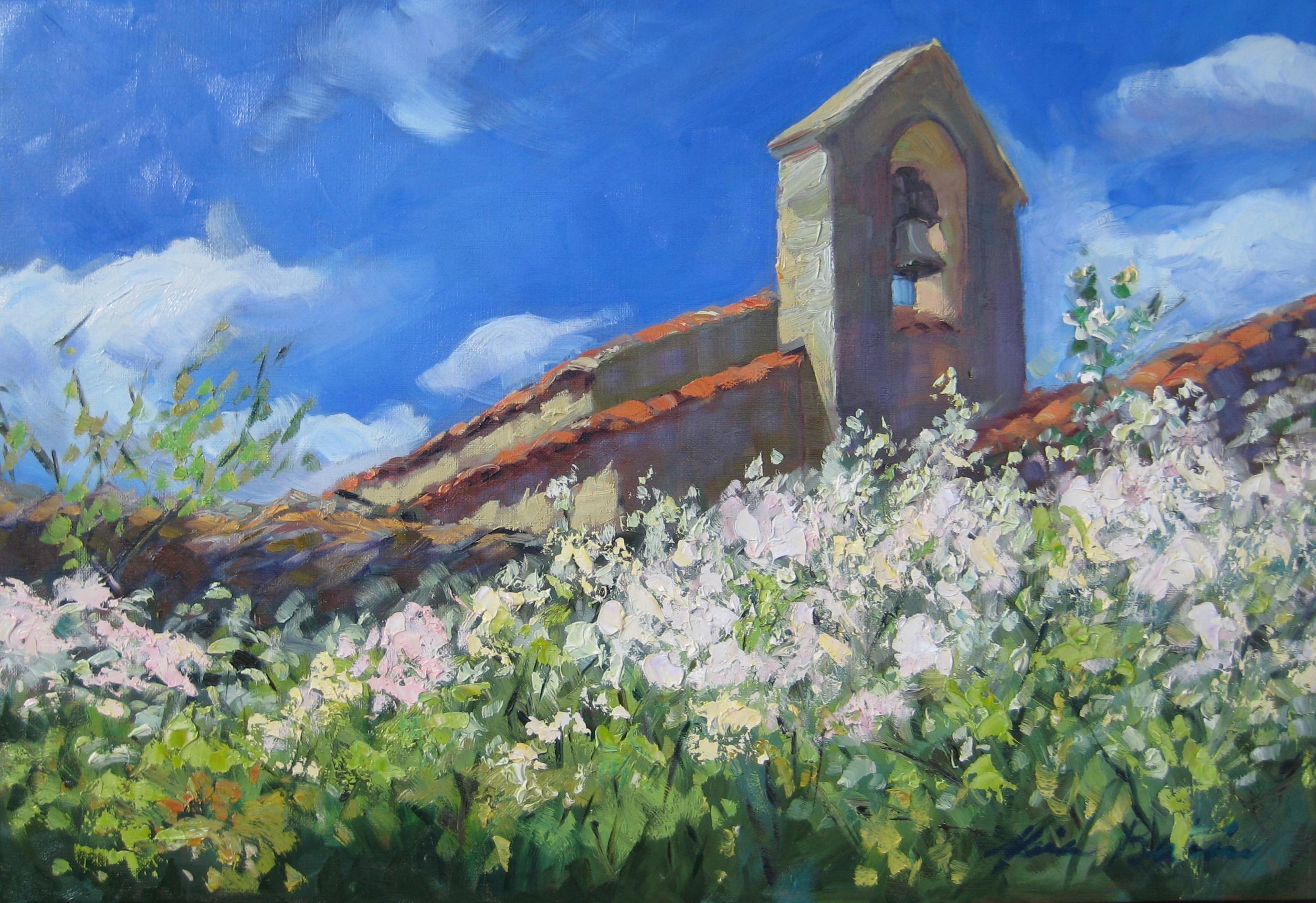 Maria Bertrán Landscape Painting - "Chapel Bell Tower"  Modern Impressionist Oil Painting of Provence