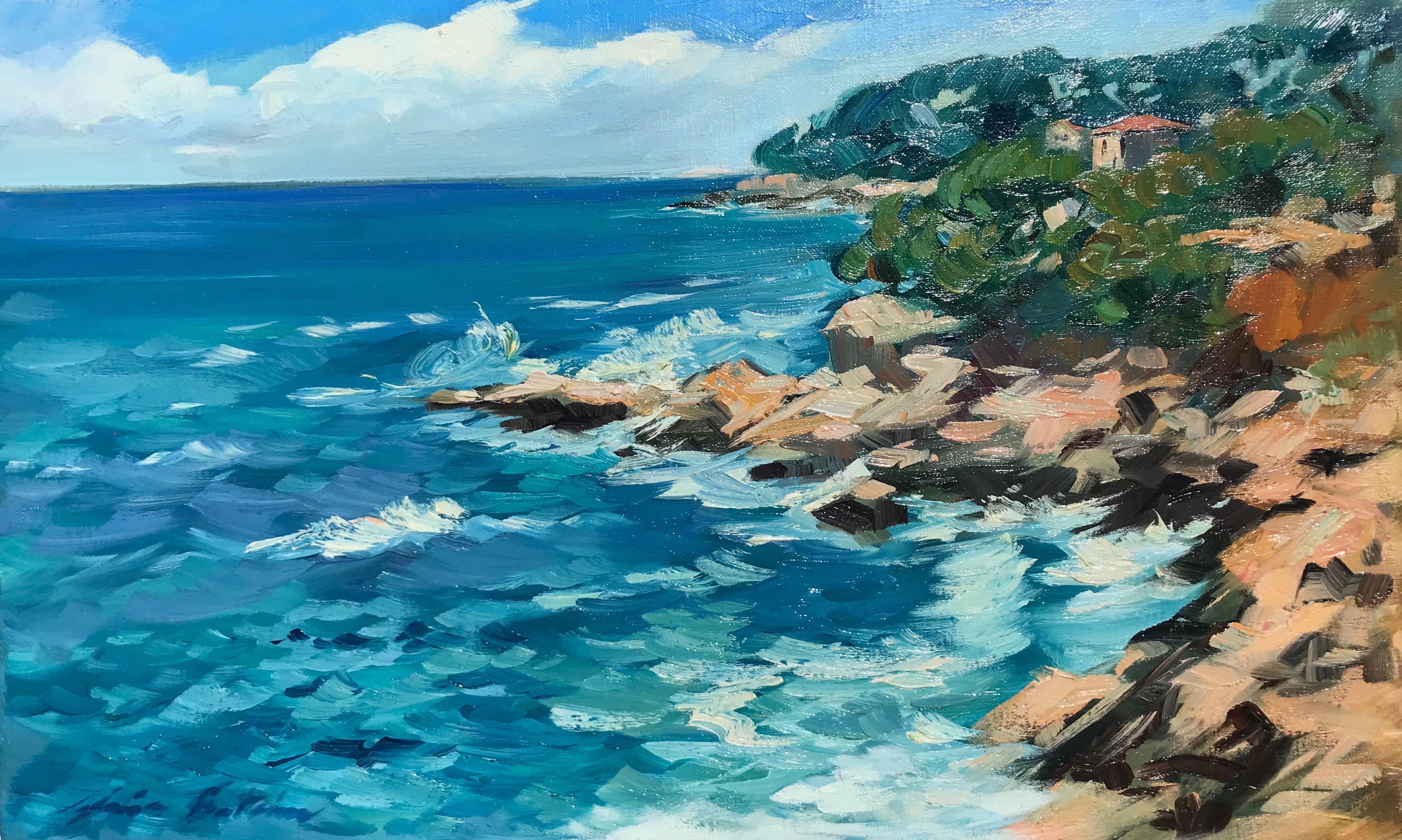 Maria Bertrán Landscape Painting - "Crashing Waves, Bandol"  Contemporary Impressionist Oil Of Provence Coast