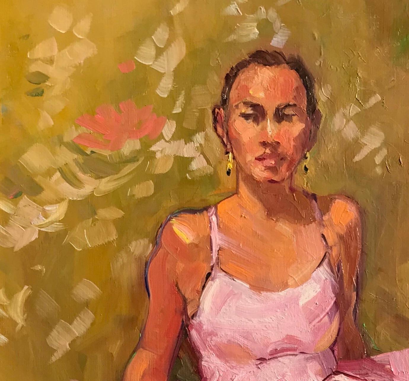 « Danseuse au repos » - Peinture à l'huile impressionniste d'une ballerine - Post-impressionnisme Painting par Maria Bertrán
