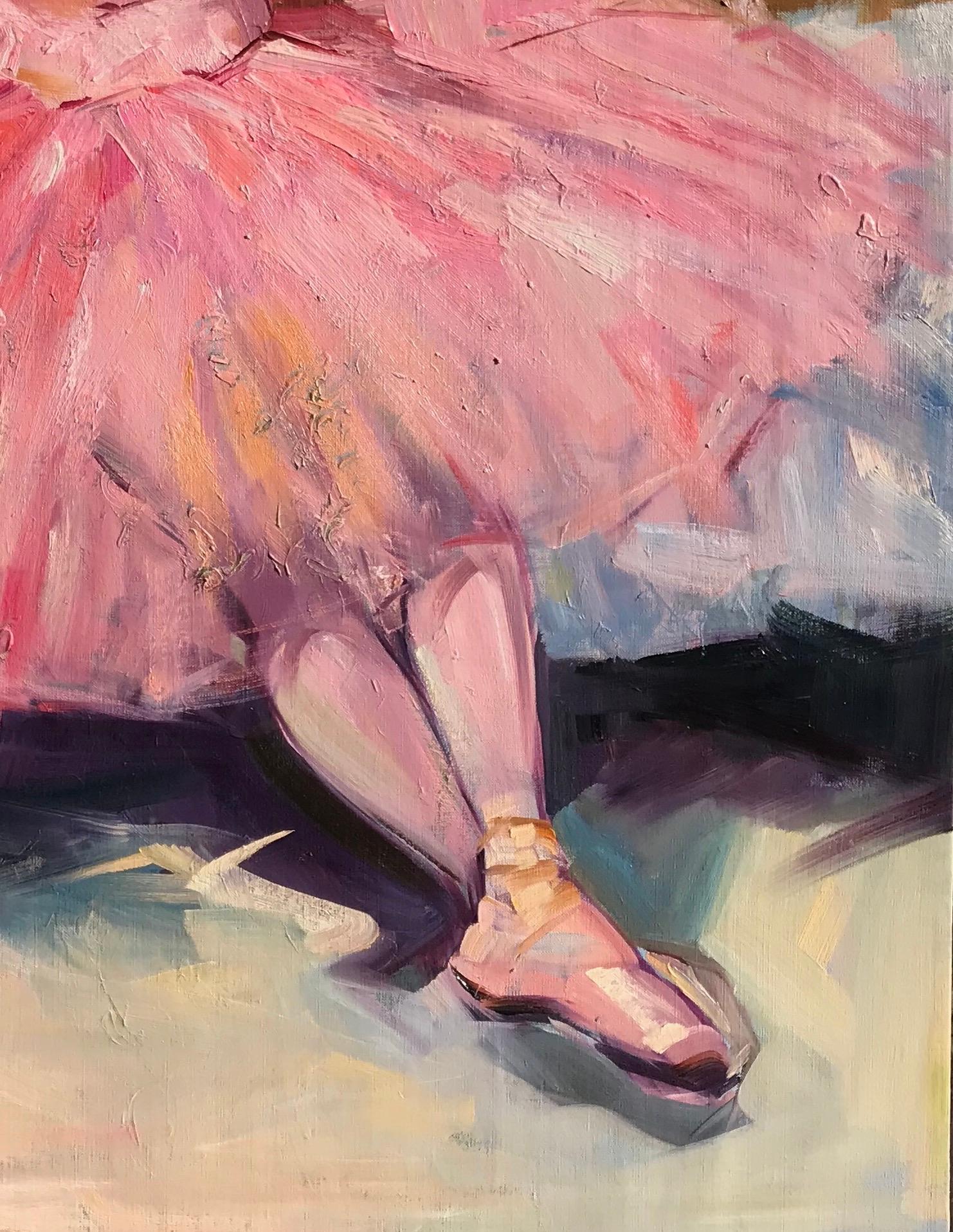 « Danseuse au repos » - Peinture à l'huile impressionniste d'une ballerine - Marron Landscape Painting par Maria Bertrán