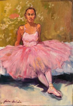 « Danseuse au repos » - Peinture à l'huile impressionniste d'une ballerine