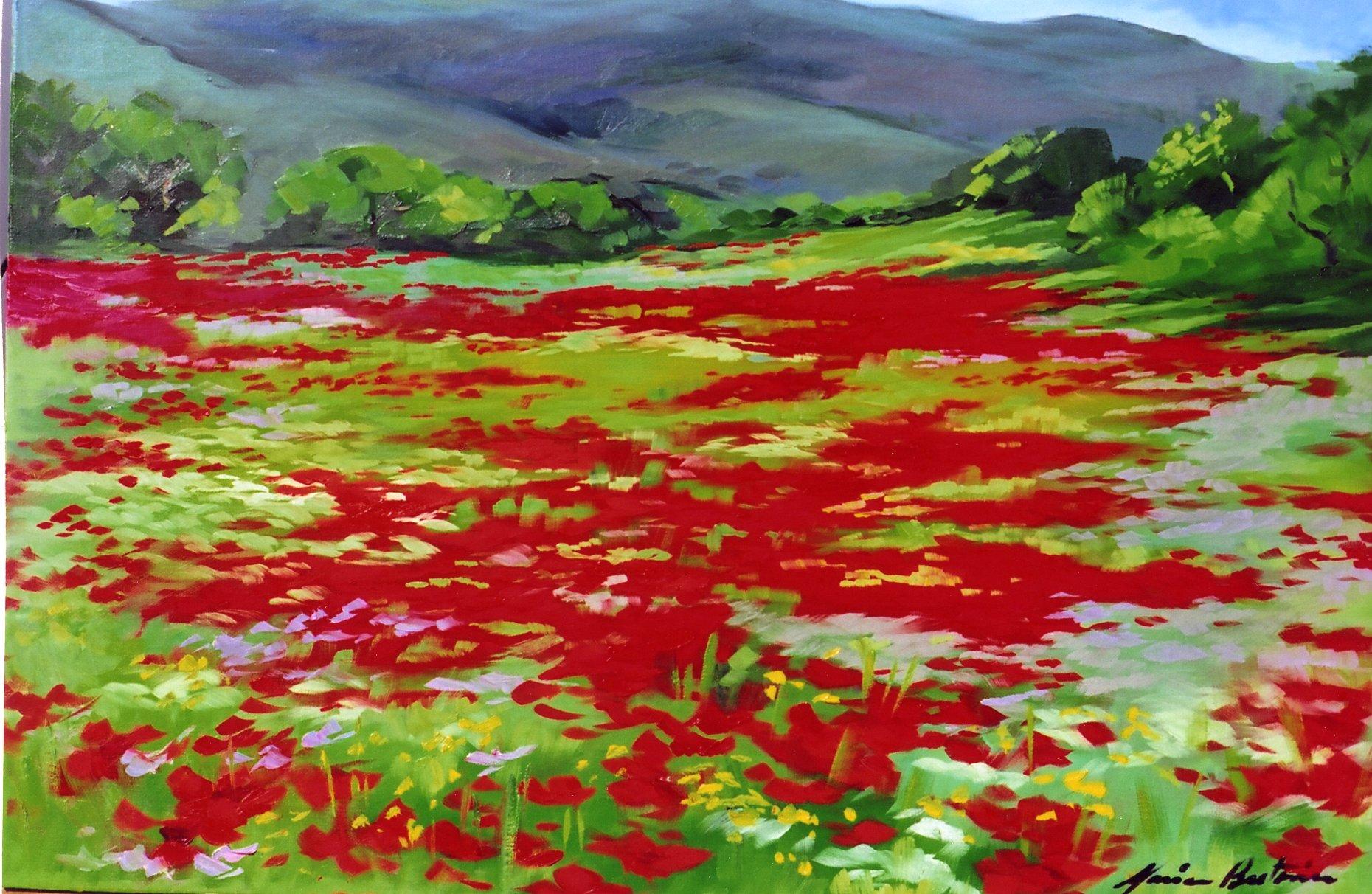 Maria Bertrán Landscape Painting - "Elizabeth's Poppy Field"  Impressionist Painting by Maria Bertran In Provence