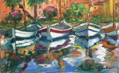 "Fisherman Boats and Reflections" Contemporary Impressionist Oil of Provence