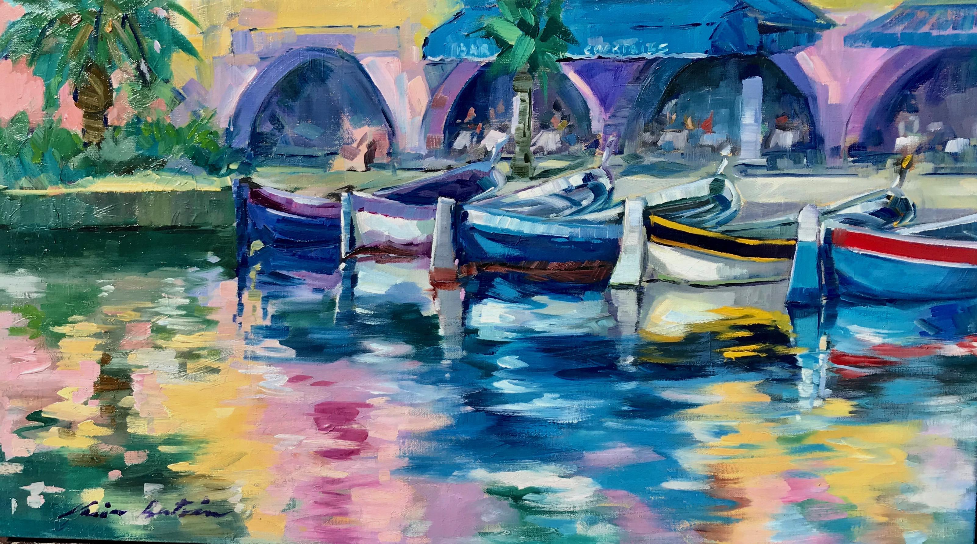 Maria Bertrán Landscape Painting - "Fishing Boat Reflections" Contemporary Impressionist Oil Of French Riviera 