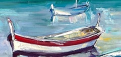 "Riflessioni sulla barca da pesca"  Olio impressionista contemporaneo della costa provenzale