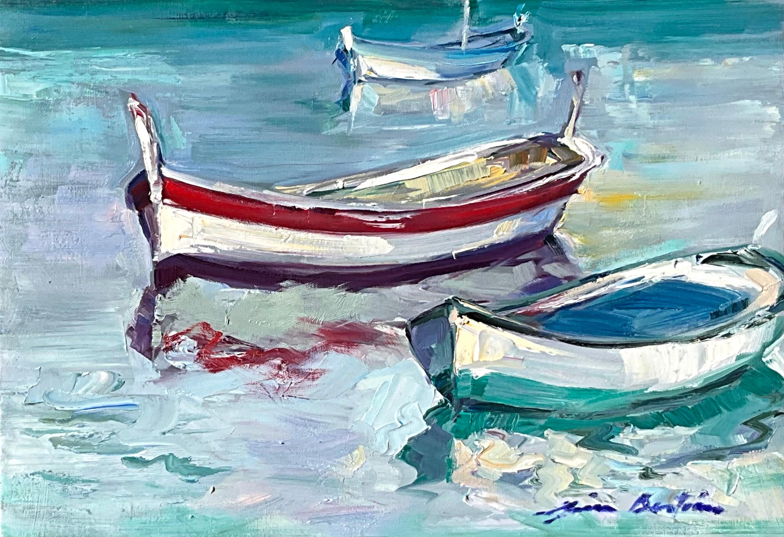 Maria Bertrán Landscape Painting - "Fishing Boat Reflections"  Contemporary Impressionist Oil Of Provence Coast