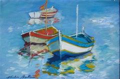 "Fishing Boat Trio, " Modern Impressionist Oil Of French Riviera by Maria Bertran