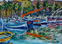 "Fishing Boats, Sanary Harbor" Contemporary Impressionist Oil Of French Riviera