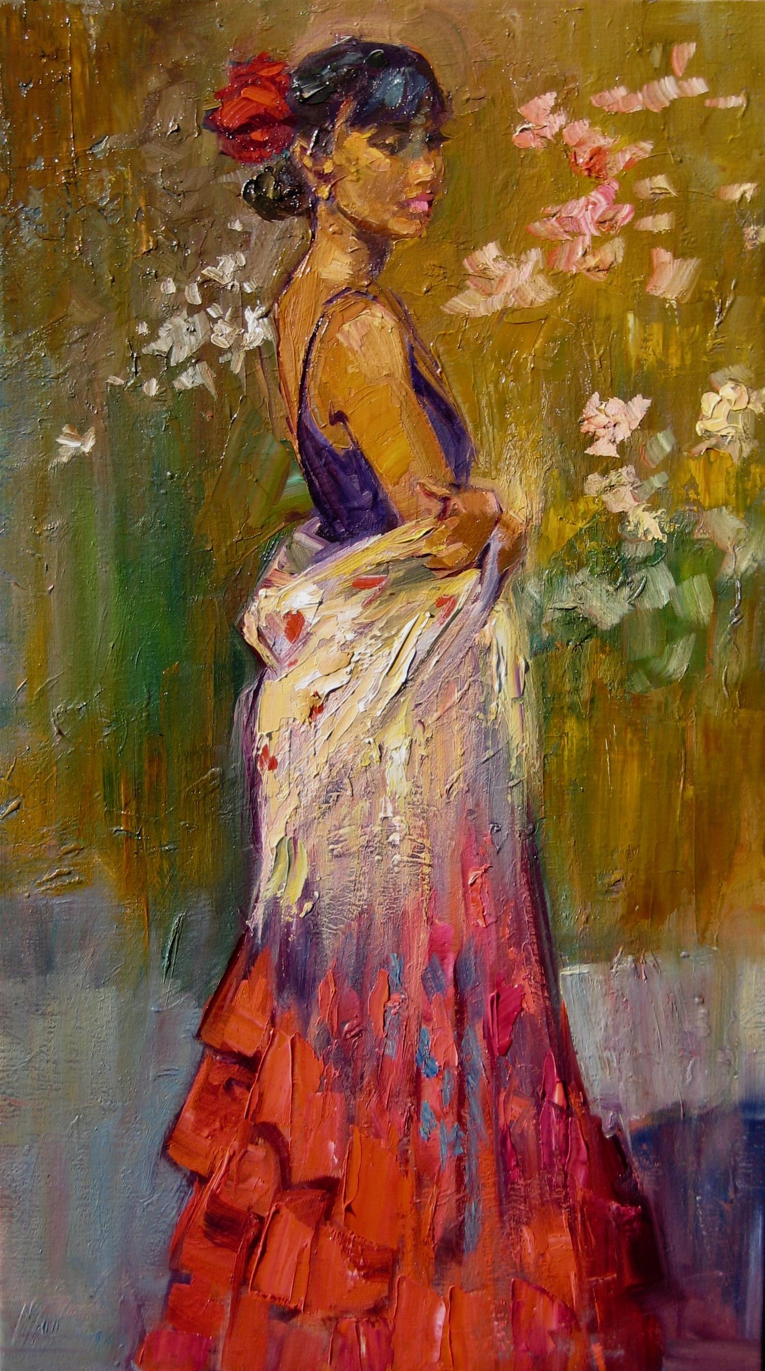 Maria Bertrán Landscape Painting - "Flamenco Dancer" Contemporary Impressionist Figure Oil Painting of Dancer