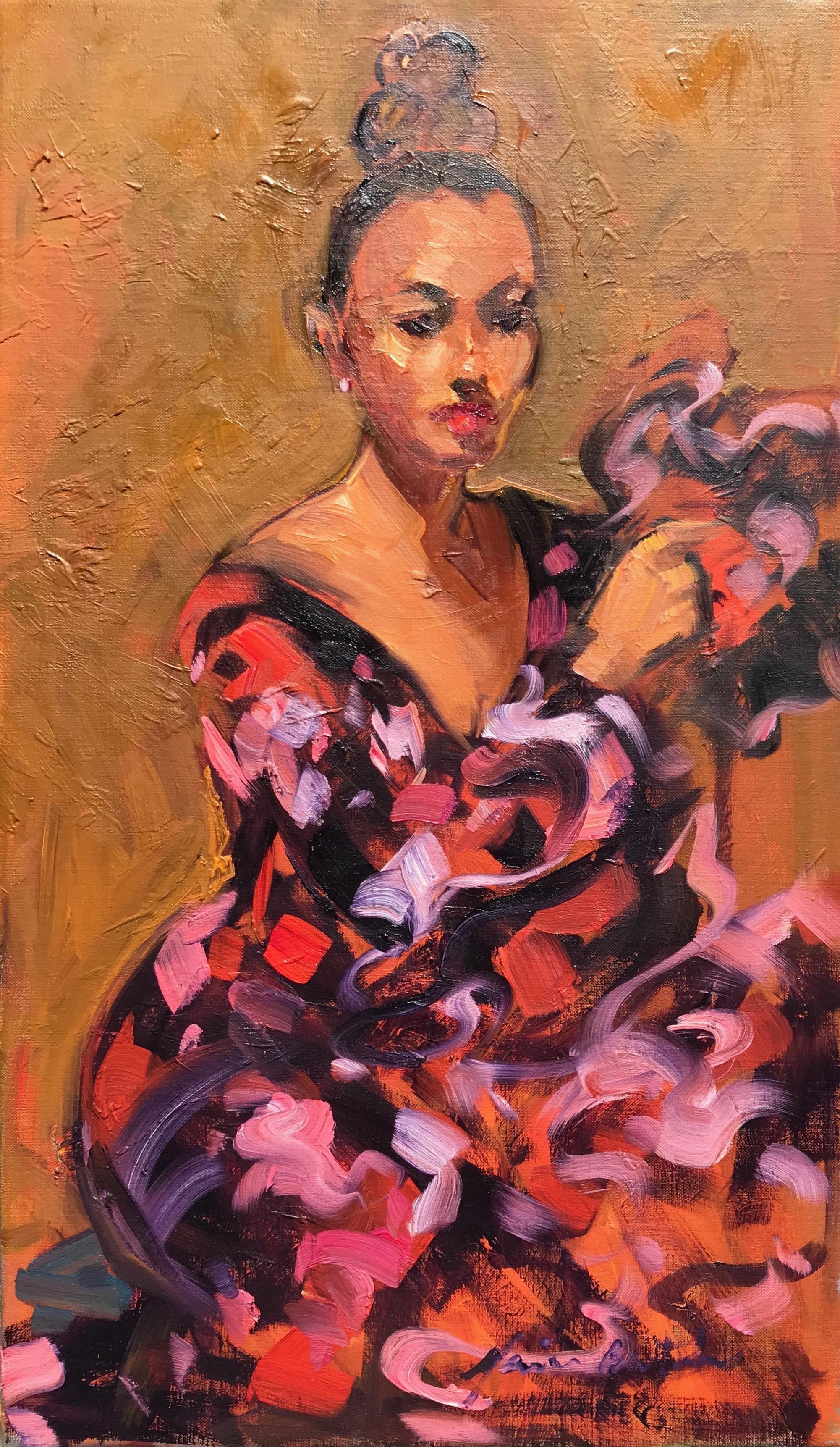 Maria Bertrán Landscape Painting - "Flamenco Dress" Impressionist Figure Oil Painting of Dancer