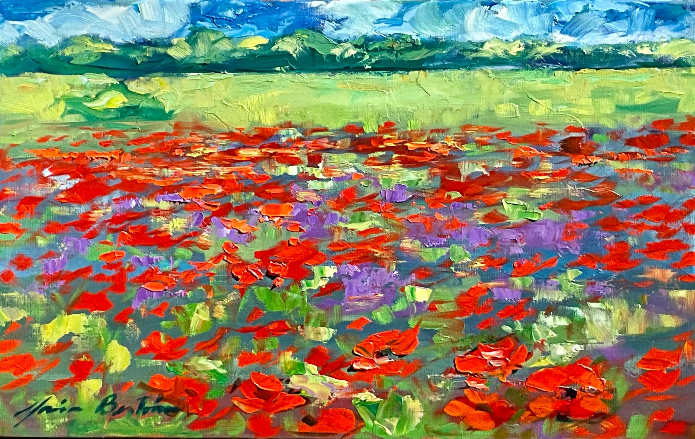 Landscape Painting de Maria Bertrán - "Flores y amapolas en el valle" Óleo impresionista contemporáneo de la Provenza